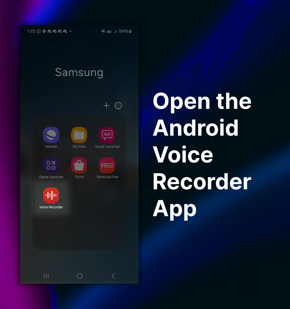 A screenshot showing how to open the Android Voice Recorder.