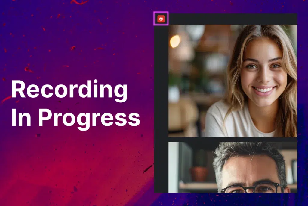 Two people in a Google Meet with the “Recording” button highlighted and the words “Recording in Progress” to the left.