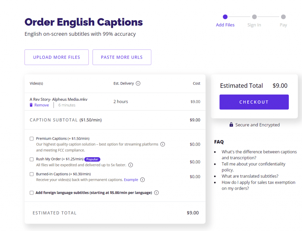 Order english captions checkout summary page on Rev