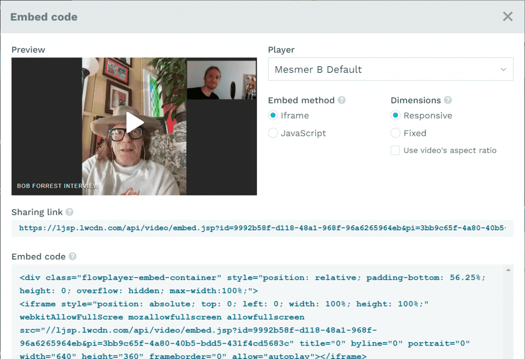 Page showing the sharing link and embed code on a Flowplayer video