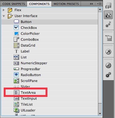 Components screen in Adobe Animate Flash with the "Text Area" button highlighted