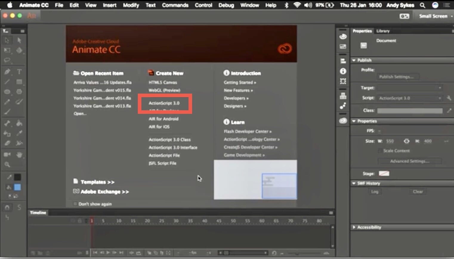 In Adobe Animate CC, create a new ActionScript 3.0 document