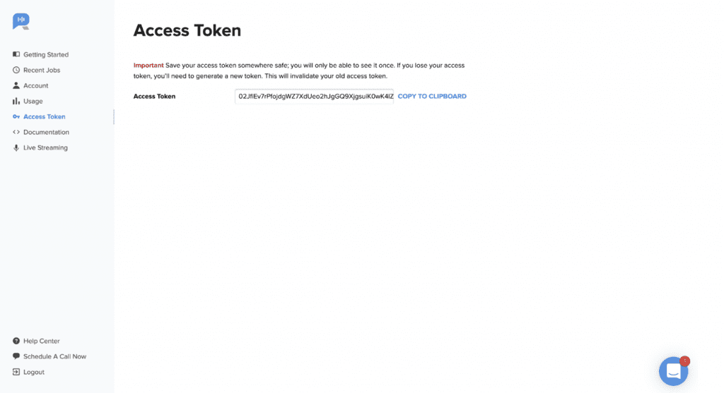 Access token page on the Rev.ai account platform