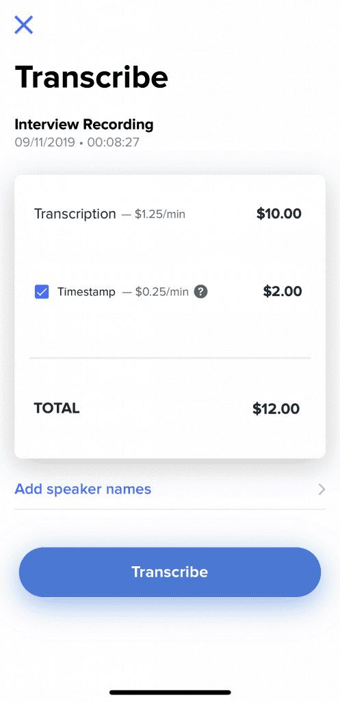 View of the checkout page on the Rev app that allows users to transcribe voice memos.
