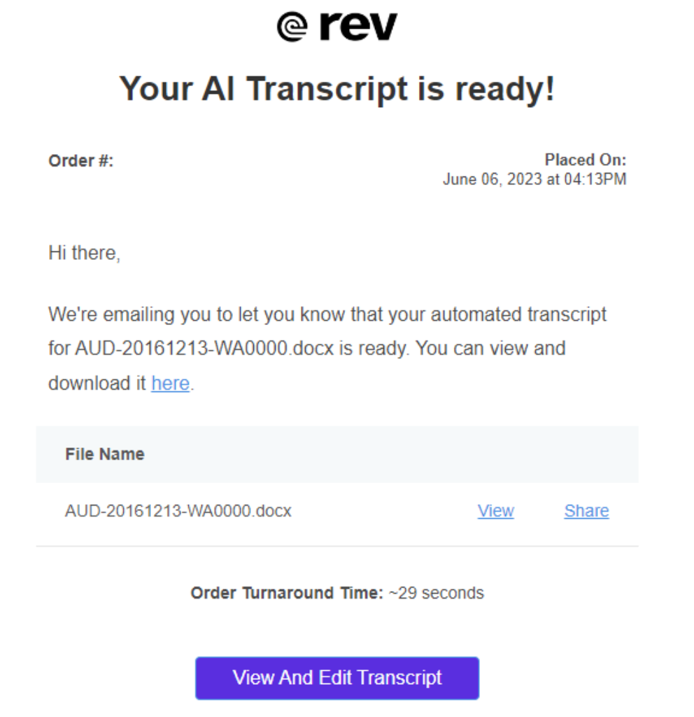 Confirmation page for a Rev AI transcript