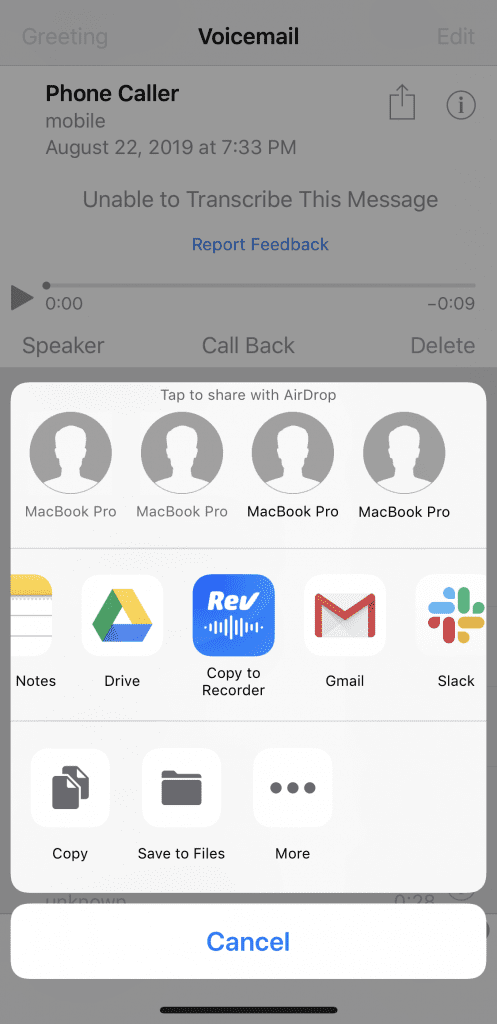 Share pop up on an iPhone voicemail screen