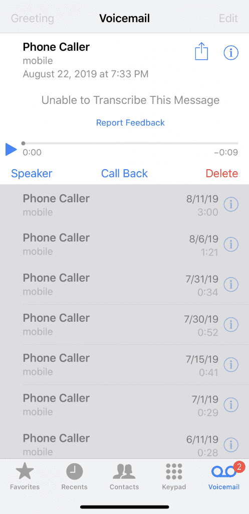 Voicemail app on iPhone showing a message that cannot be transcribed