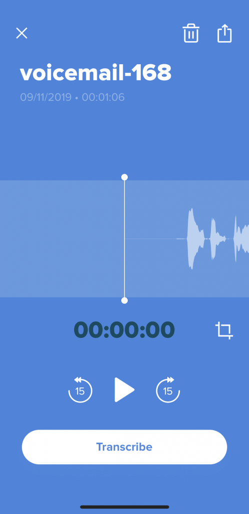 A voicemail being viewed in the Rev voice recorder app