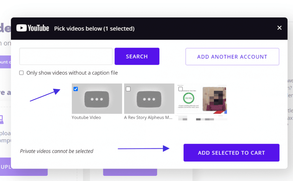 YouTube upload popup on the Rev checkout platform