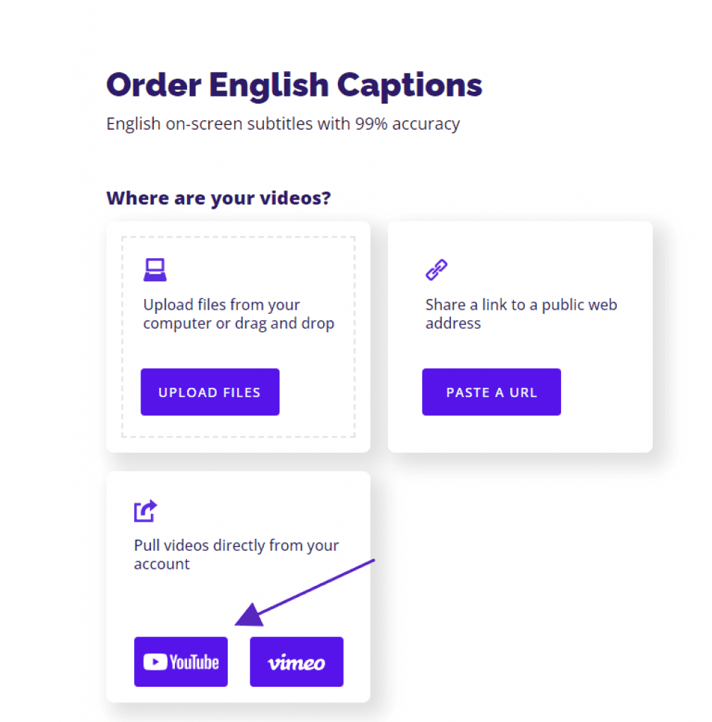 Order English captions checkout page on Rev with an error pointing to the YouTube button 