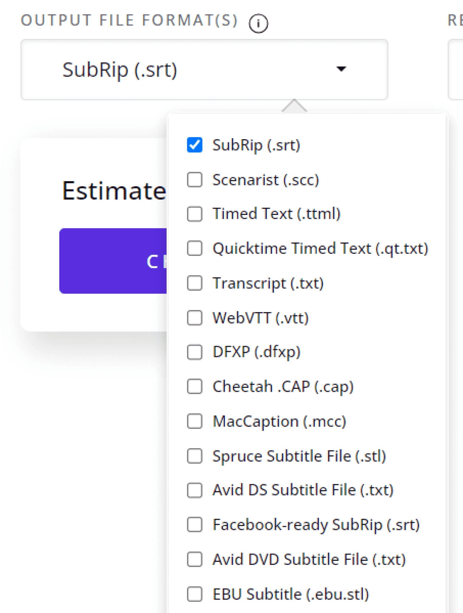 Output file format dropdown list on the Rev platform