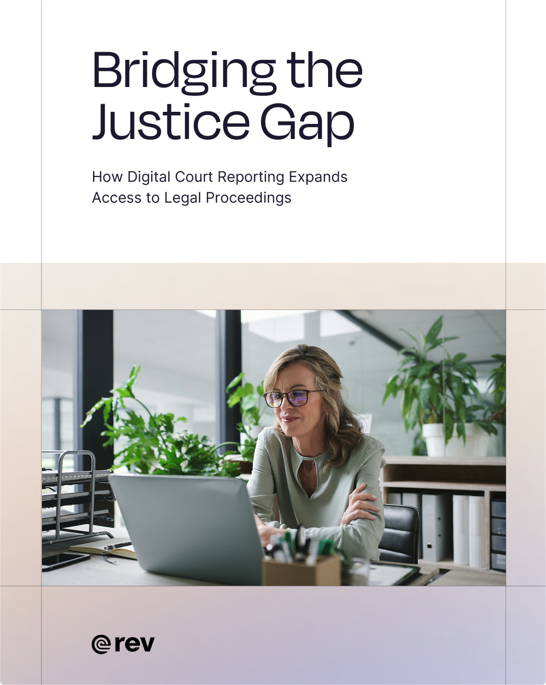 Woman working on laptop in office – cover for "Bridging the Justice Gap" by Rev.
