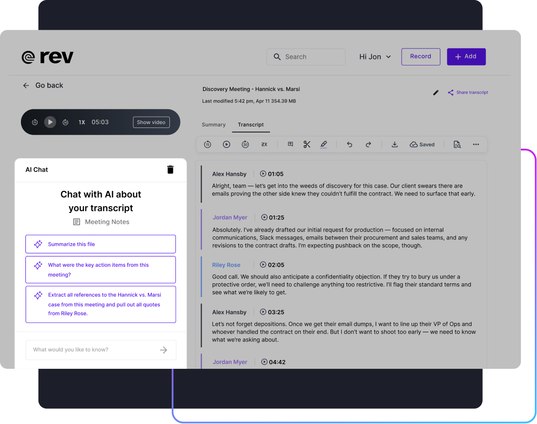 AI Assistant product preview on the rev platform