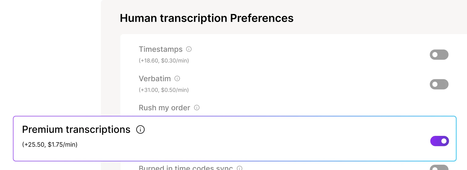 Transcript document, highlighted lines and audio waveform indicating premium transcription service
