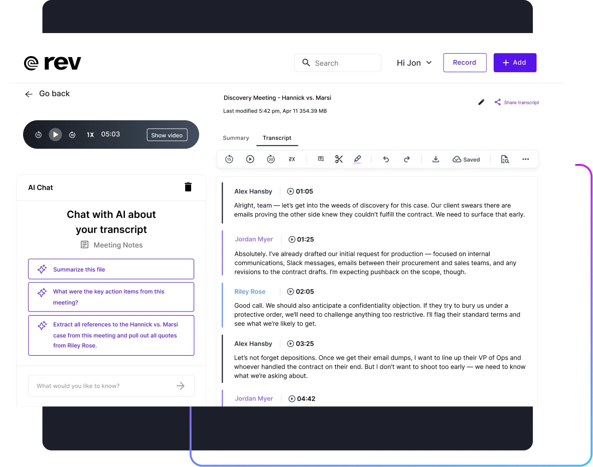 Rev transcript editor with AI chat options for summarizing, action items, and case-specific references