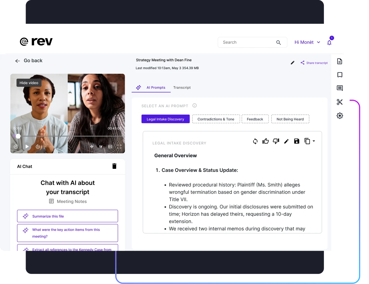 Rev transcript tool showing video playback, AI chat, and legal intake discovery summary with prompts for analysis.