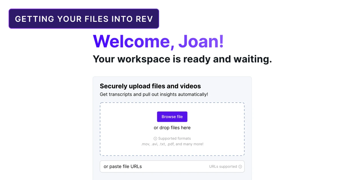 Hand dragging audio and video files into Rev web app upload area, showing file upload instructions