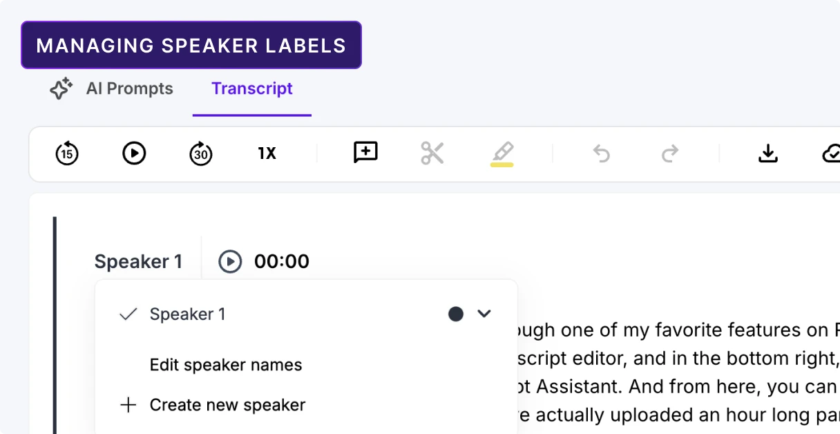 Managing speaker labels interface showing editable speaker list, assign buttons, and label color indicators