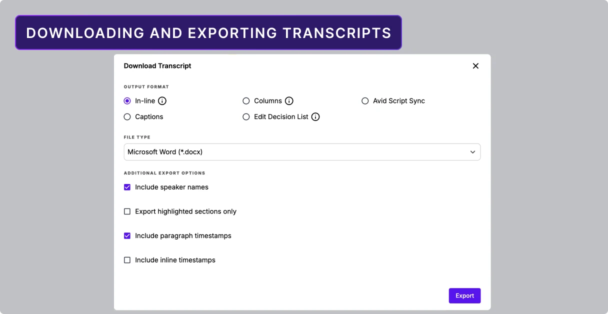 Transcripts being downloaded and exported with document, download arrow, and PDF/CSV file icons