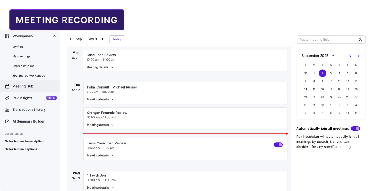 Meeting recording interface showing video thumbnail, play button, and two participant avatars
