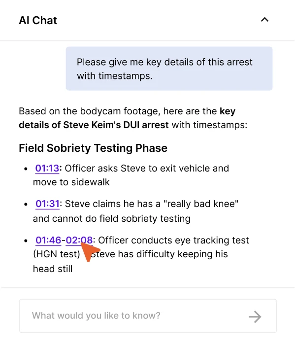 A snapshot of Rev's AI Chat feature that reads "Chat with AI about your transcript" and shows feature options below.