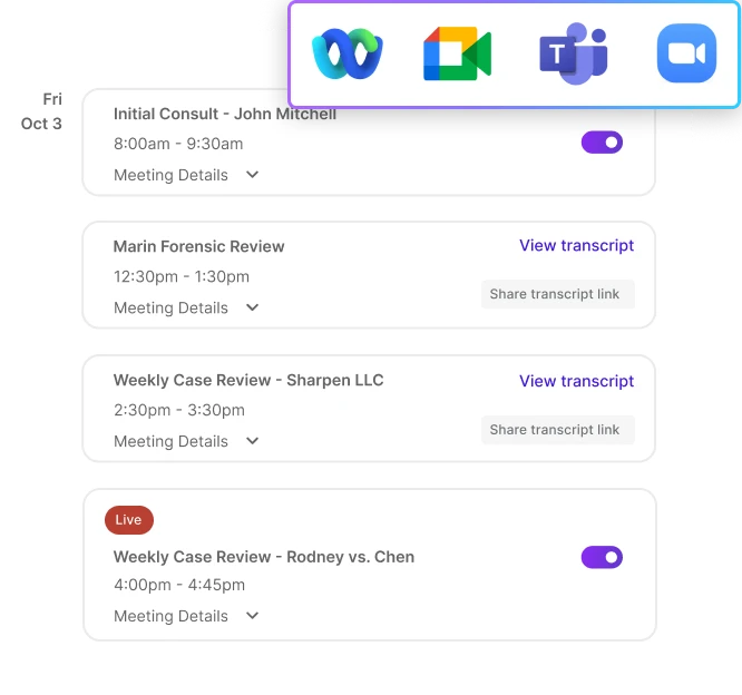 List of case review meetings integrated with Google Meet, Zoom, and Teams showing transcripts available