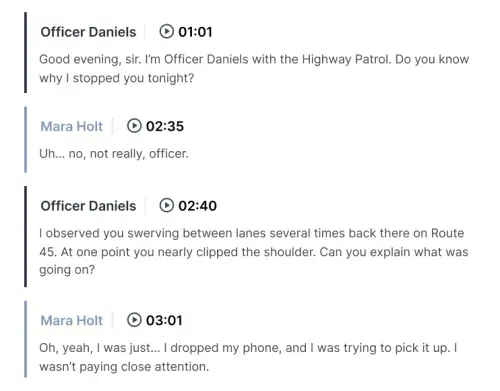 Transcript view showing officer and driver dialogue from bodycam recording