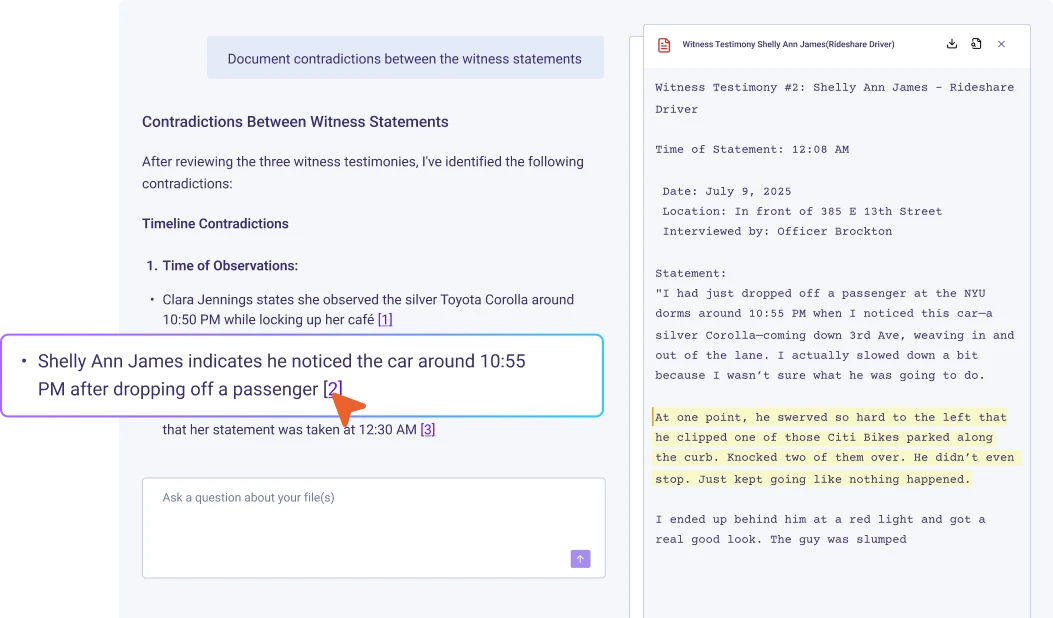 AI analysis comparing multiple witness statements and highlighting contradictions across case files