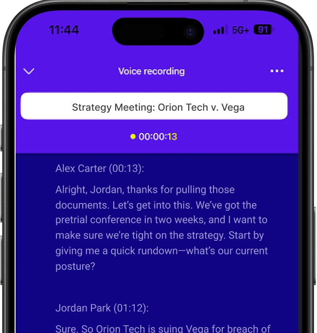 Mobile app displaying recorded strategy meeting transcript