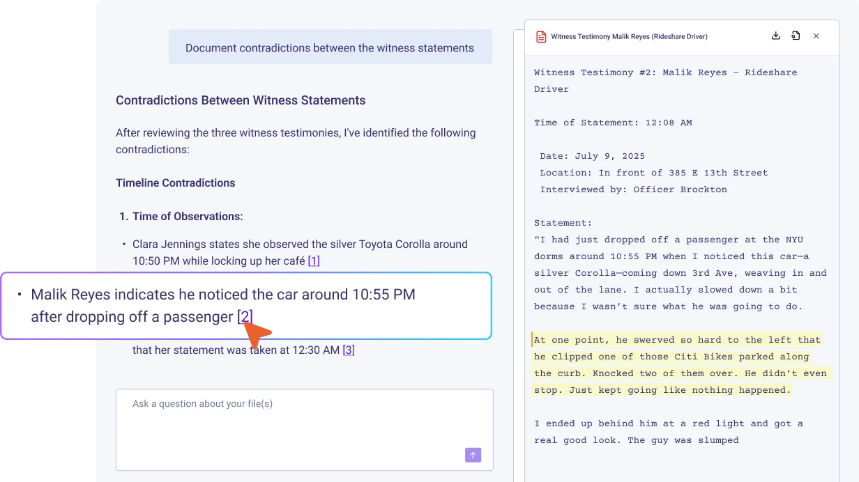 AI chat showing transcript analysis with precise citations