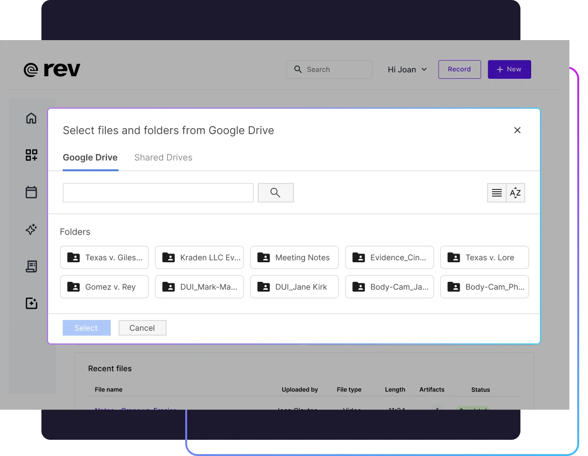Screenshot showing Google Drive and Shared Drive integration panel with file list and sync status icons