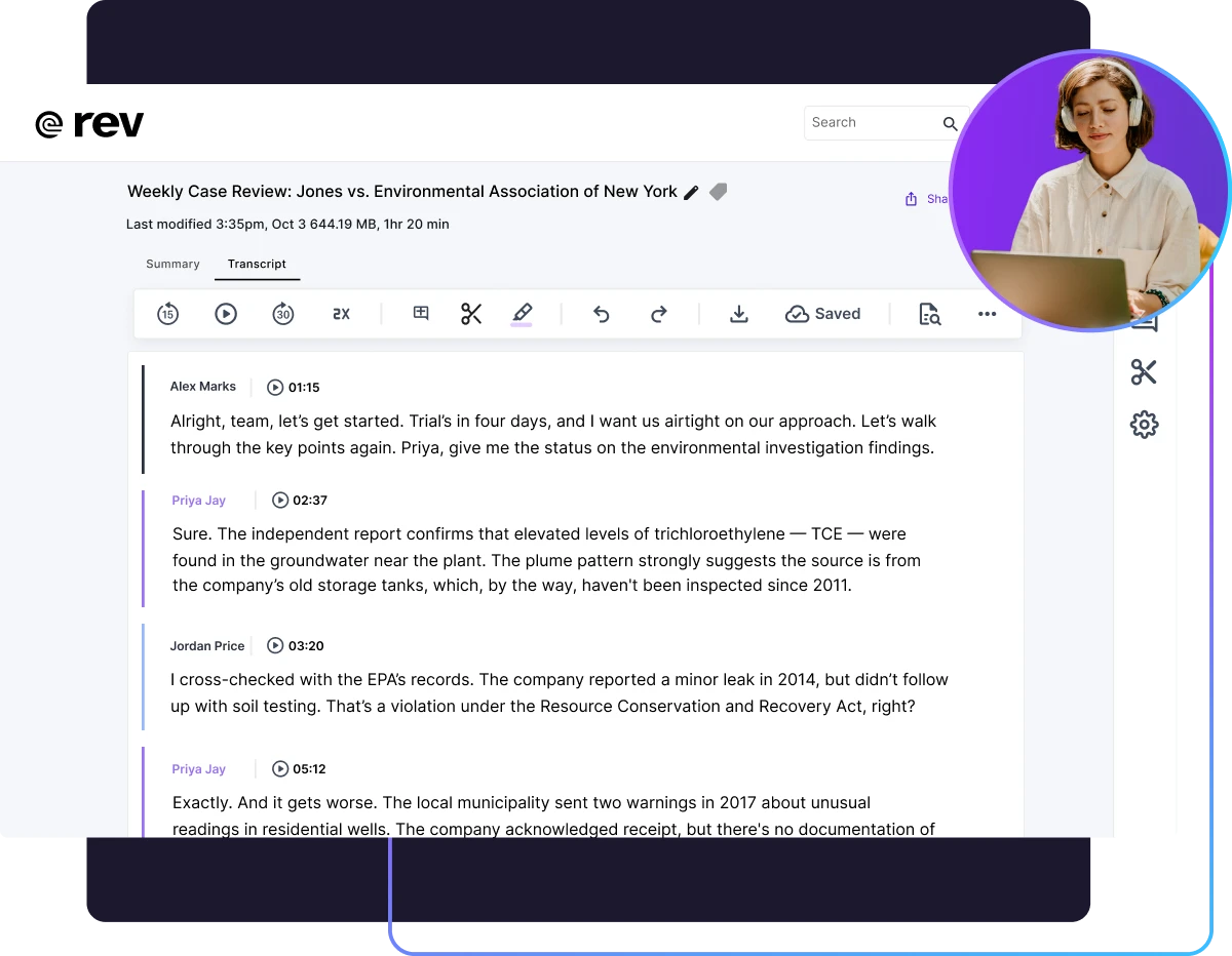 Illustration of a person at laptop transcribing audio with waveform and text editor visible on screen