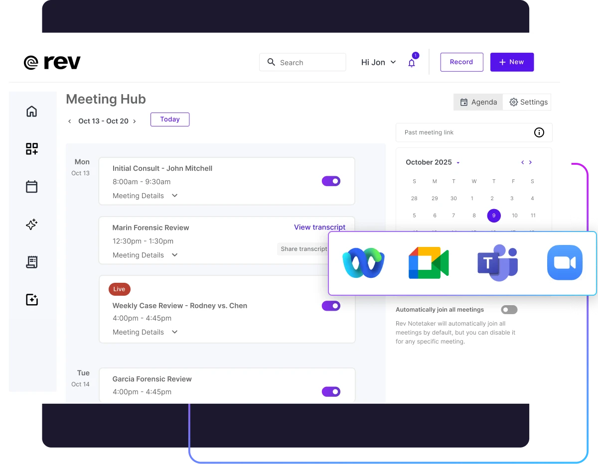 Person using laptop at desk while meeting transcript and AI highlights appear on-screen, showing AI meeting notes feature