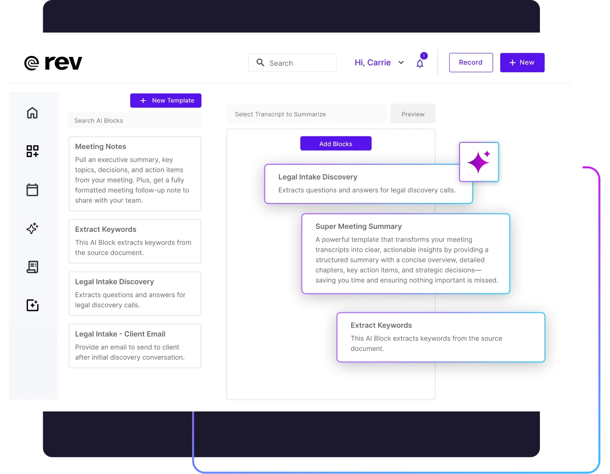 Screenshot showing a web interface for customizable AI prompts with editable prompt fields and example output panels