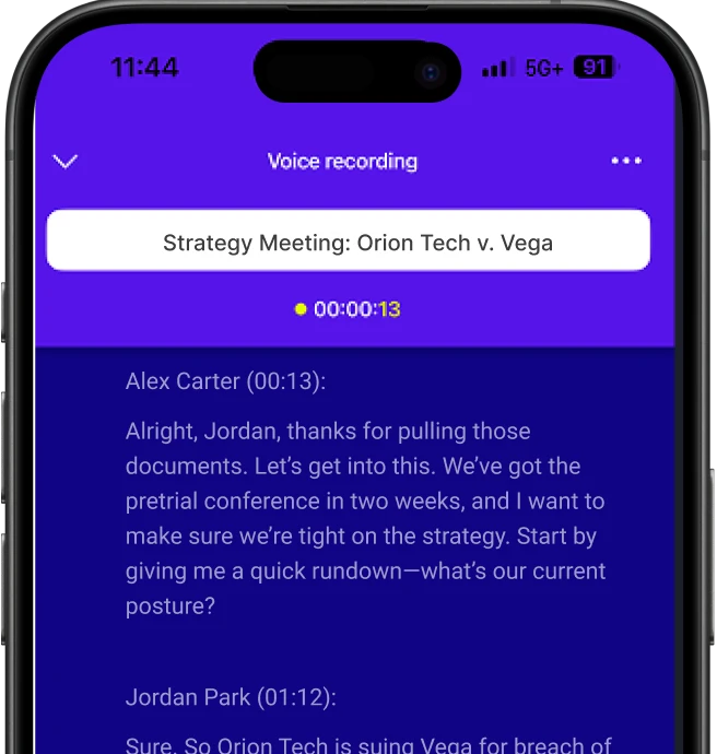 Mobile app interface displaying voice recording of legal strategy meeting