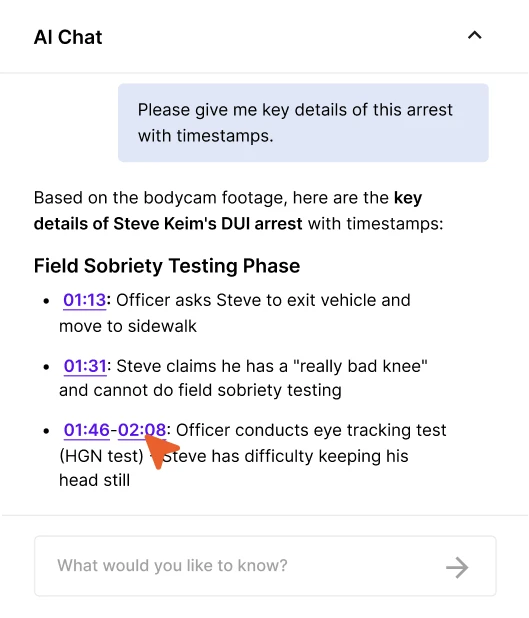 AI chat window summarizing DUI arrest details from transcript with timestamps
