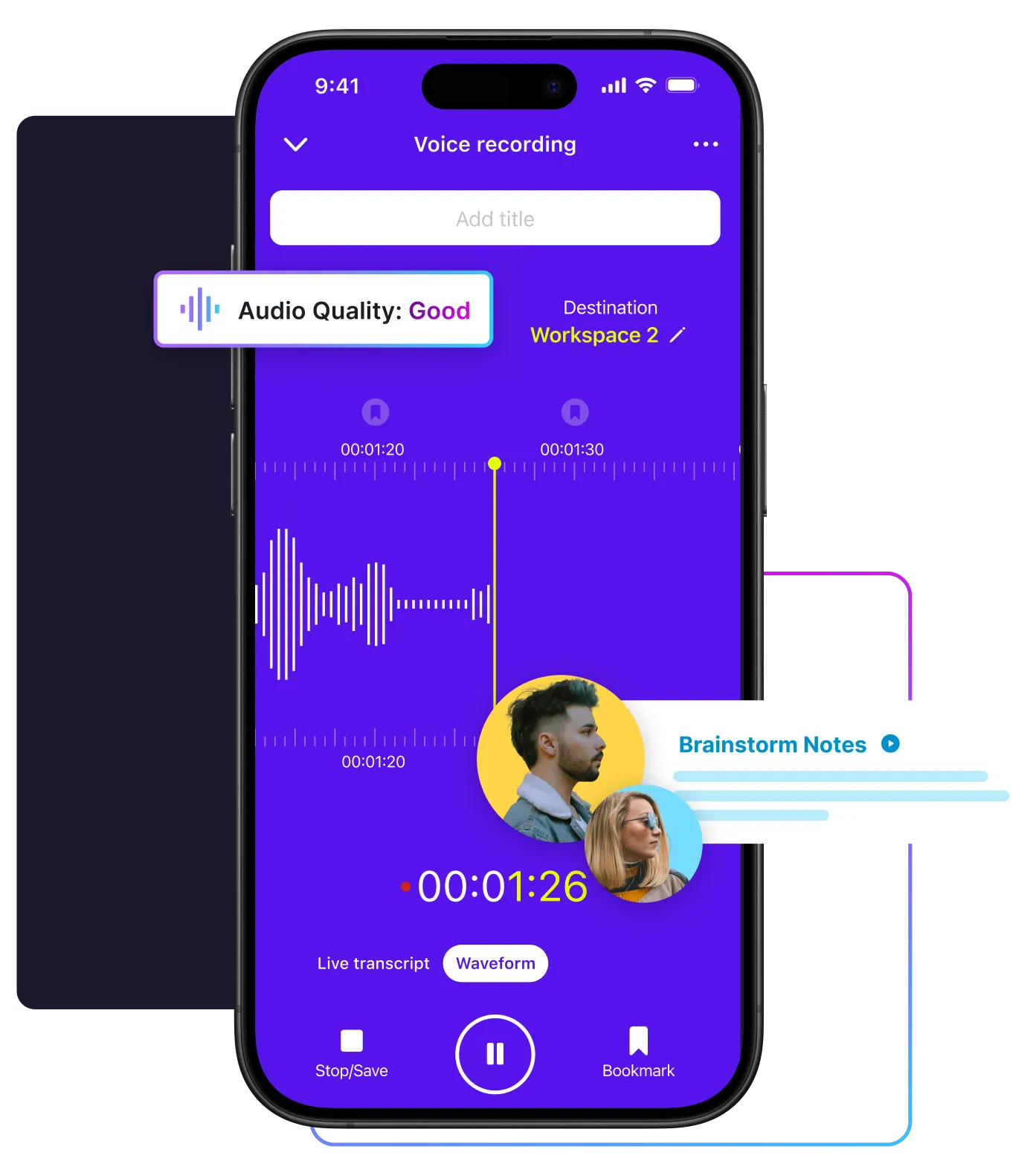 Smartphone screen showing a purple voice recording app interface with waveform, timer, and audio quality labeled as good