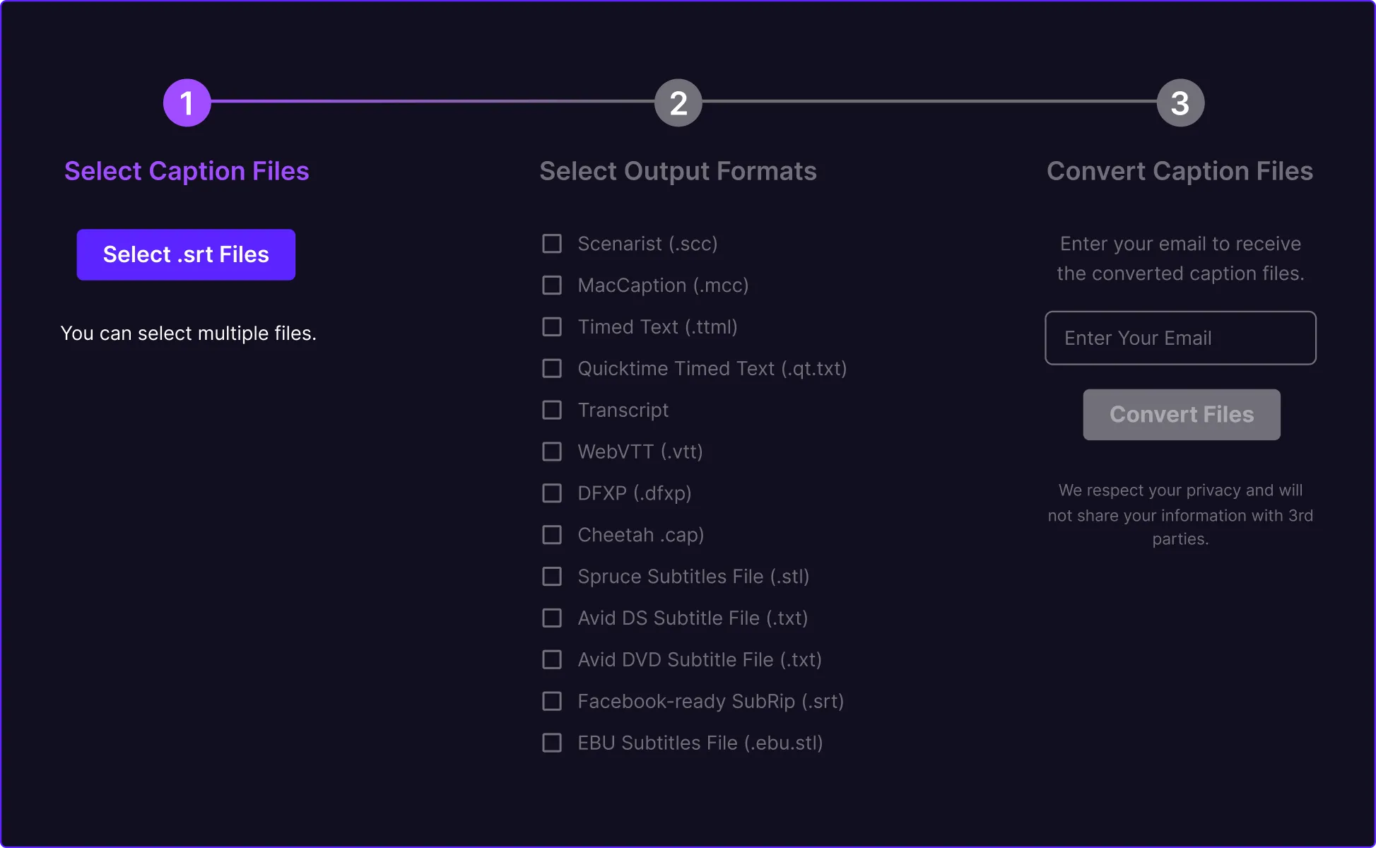 Three-step caption converter interface showing file upload, output format selection, and email submission to convert caption files