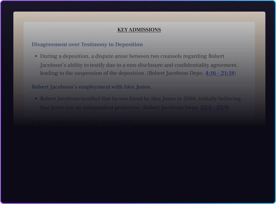 Screen displaying summarized key admissions from a deposition document