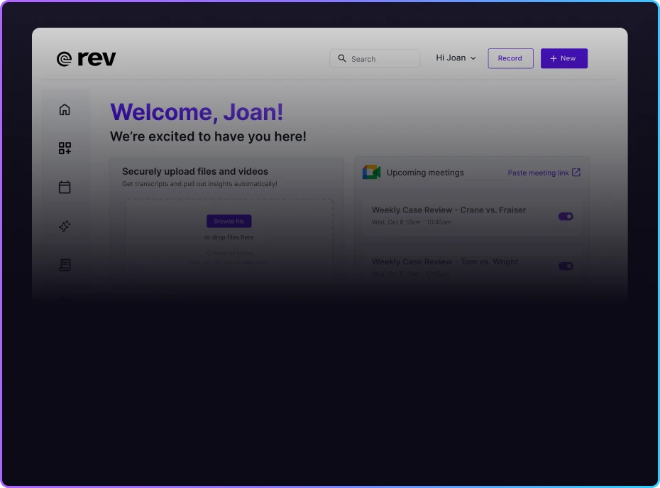 Rev dashboard welcome screen showing file upload area and upcoming meetings