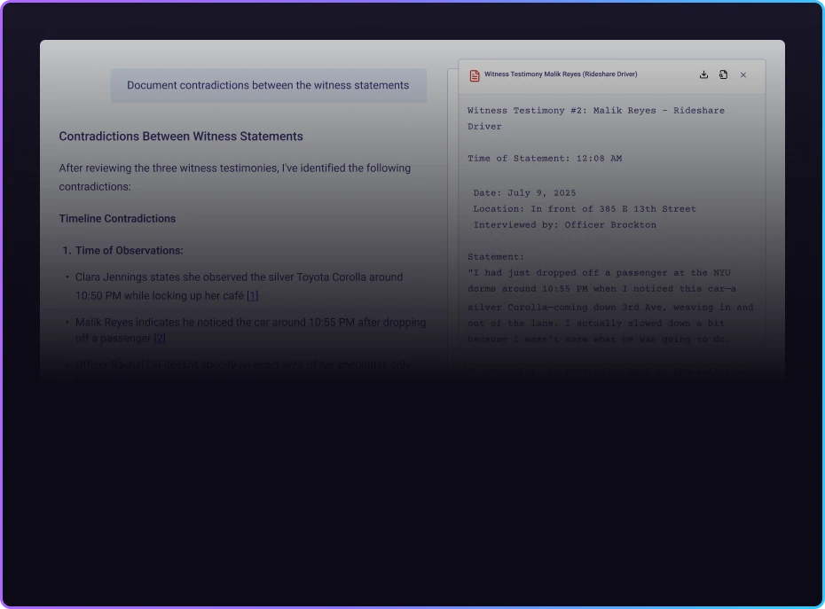 Interface showing side-by-side witness statements with highlighted contradictions