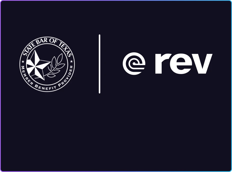 State Bar of Texas Member Benefit Provider seal displayed next to the Rev logo