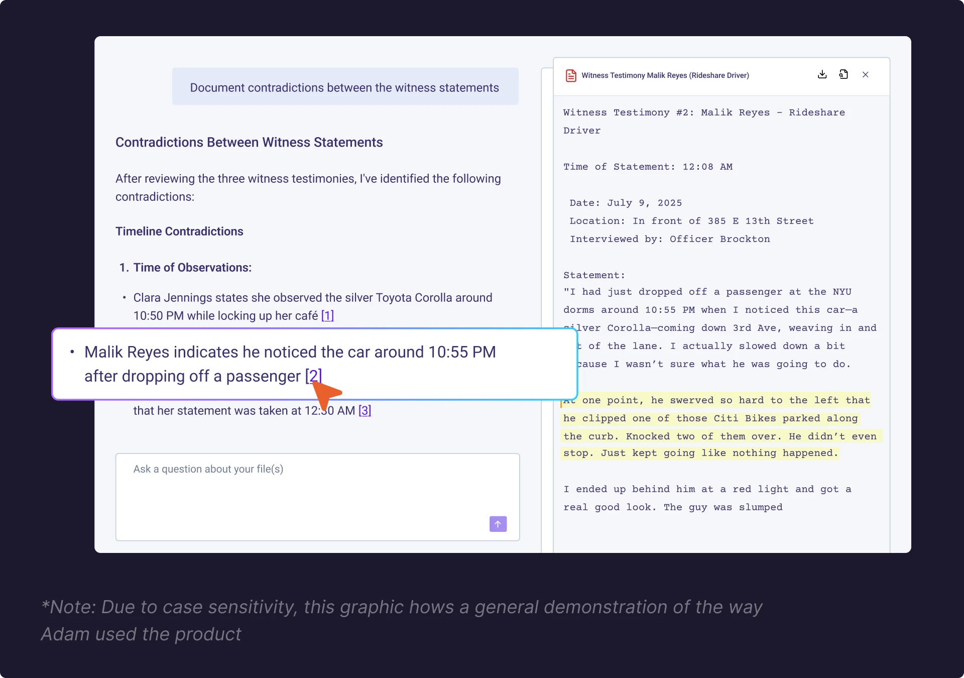 Screenshot showing AI-powered legal document review comparing witness statements and identifying contradictions between testimony.
