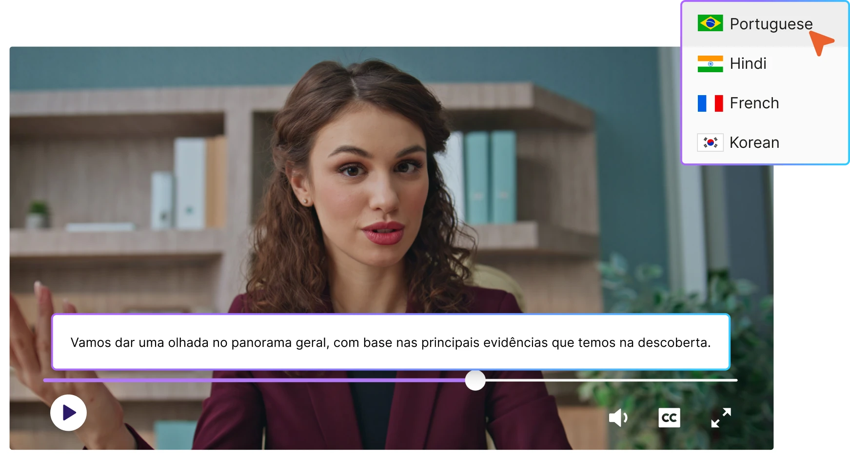 Video player showing a woman presenting with Portuguese subtitles enabled and a language selector offering Portuguese, Hindi, French, and Korean.