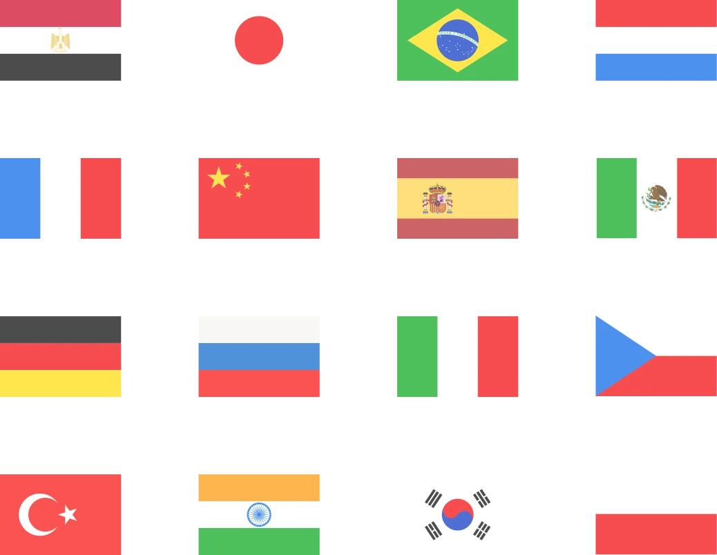 Grid of international flags representing 17 available subtitle and caption languages.