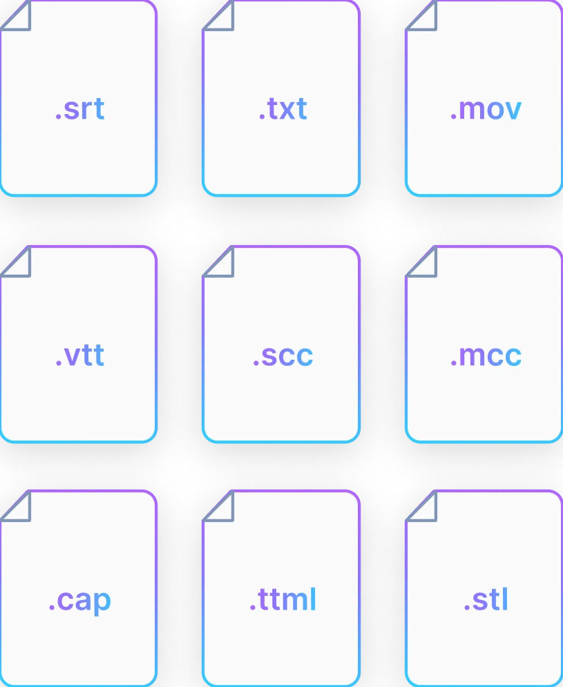 Common caption and subtitle file formats including SRT, VTT, SCC, TTML, STL, and MOV.