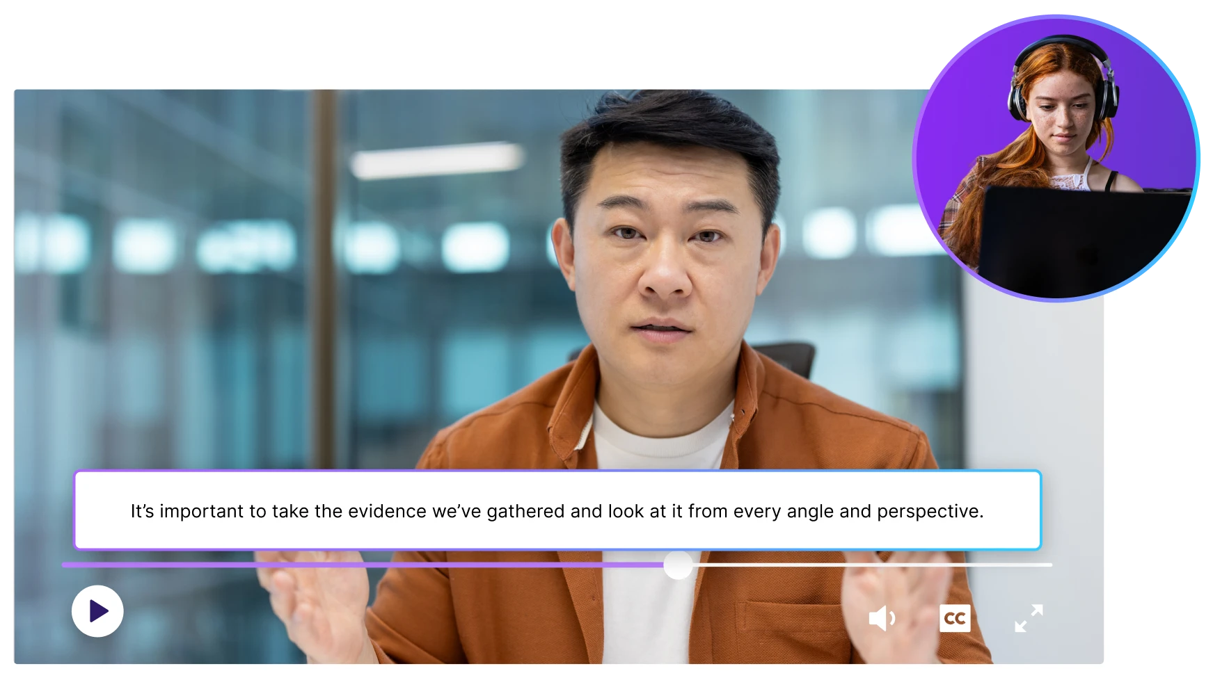 Video presenter speaking with on-screen closed captions and playback controls enabled.