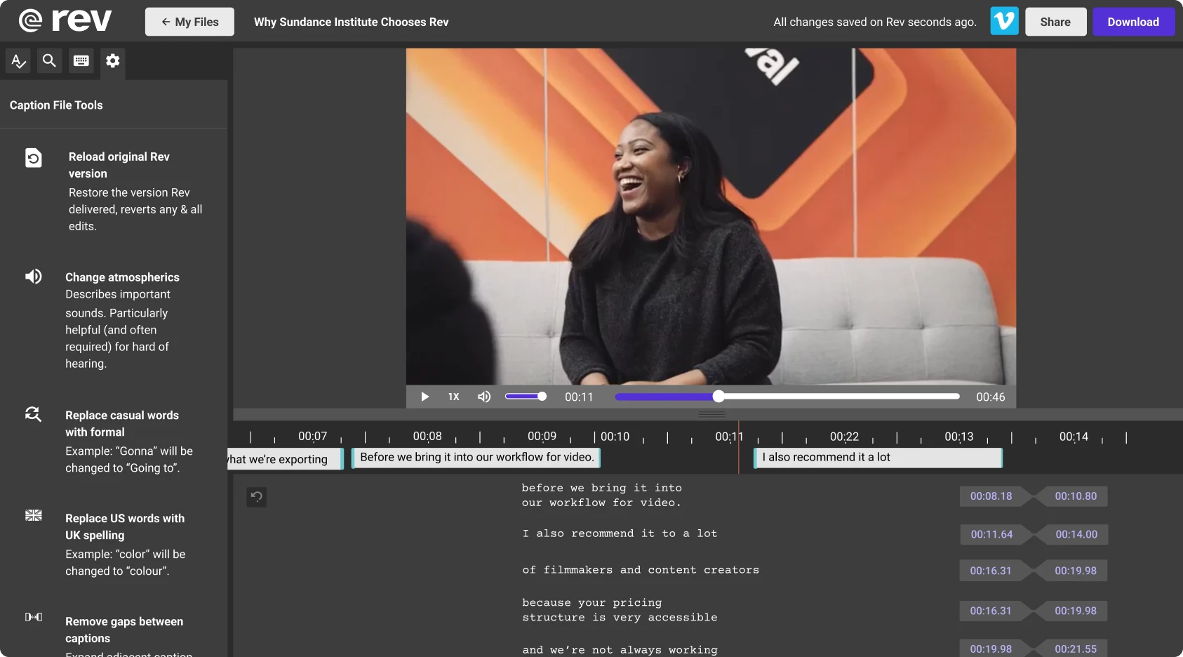 Caption editor interface showing timeline-based editing tools and transcript adjustments.