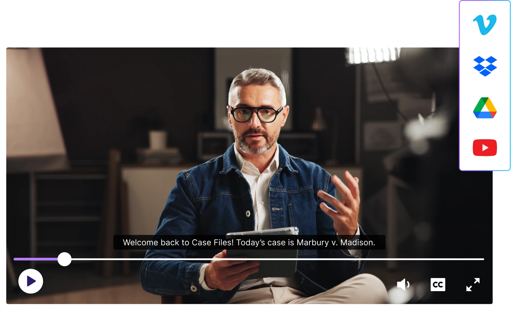 Video player interface highlighting integrations with platforms like Vimeo, Dropbox, Google Drive, and YouTube.