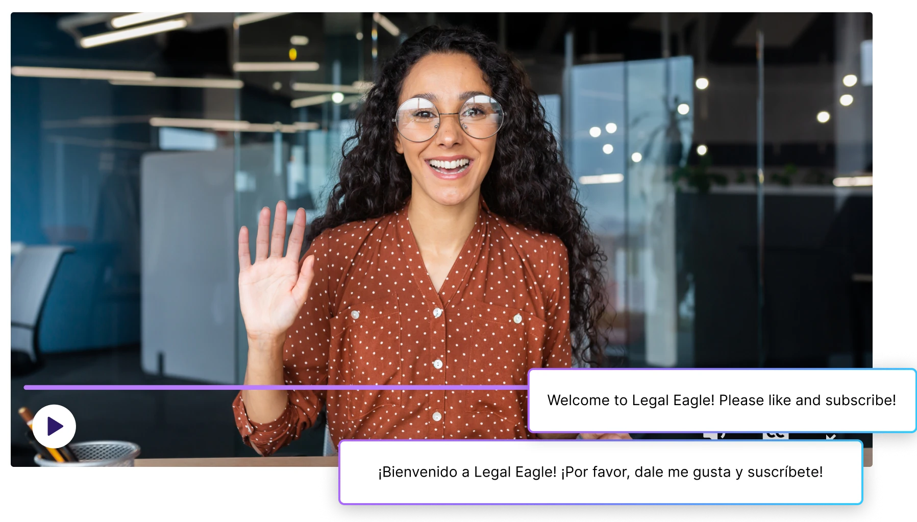 Video presenter greeting viewers with English and Spanish captions displayed on screen.